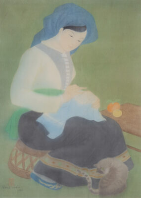 Nang Hien Le - Young Woman Sewing with a Cat, framed ink and colors on silk masterpiece
