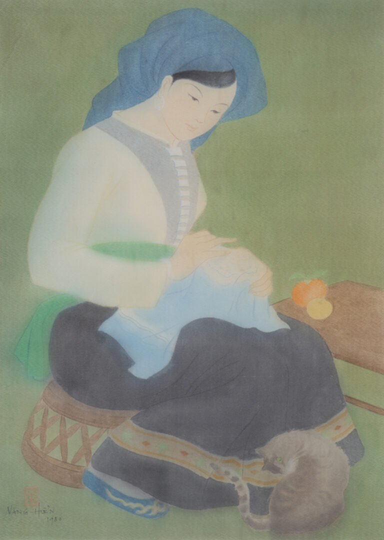 Nang Hien Le - Young Woman Sewing with a Cat, 1980