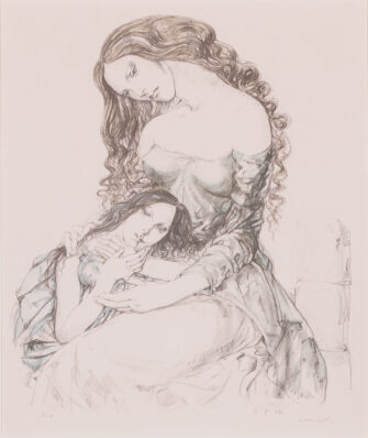 Tsuguharu Foujita - Mother and Child, 1964, detail of delicate fine-line lithograph depicting Madonna and Child