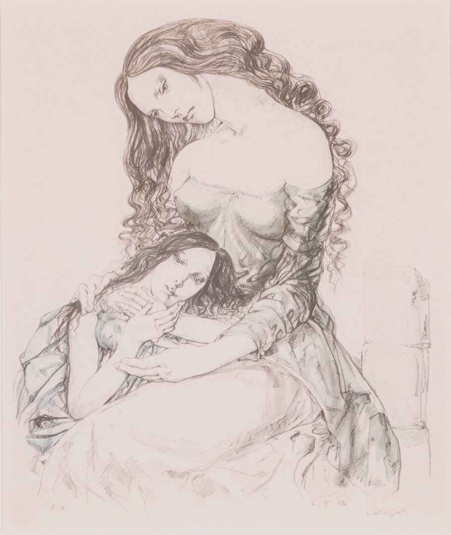 Tsuguharu Foujita - Mother and Child, 1964, detail of delicate fine-line lithograph depicting Madonna and Child