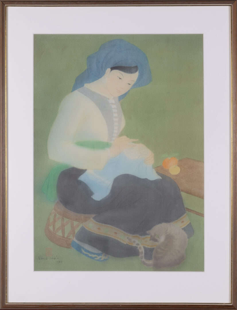 Nang Hien Le - Young Woman Sewing with a Cat, framed ink and colors on silk masterpiece | Aurora & Athena Nang Hien Le - Young Woman Sewing with a Cat, framed ink and colors on silk masterpiece