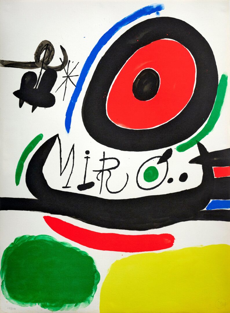 Vibrant original abstract lithograph by Spanish Surrealist master Joan Miró, featuring bold primary colors, a prominent red eye motif, and signature biomorphic forms. Available for sale in the curated collection at Aurora & Athena gallery