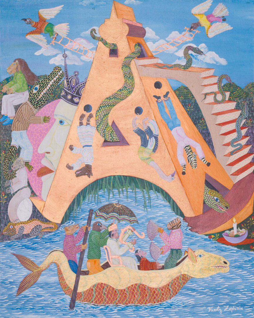 Zéphirin Frantz - Tower of Babel, detail of visionary acrylic painting depicting fantastical figures