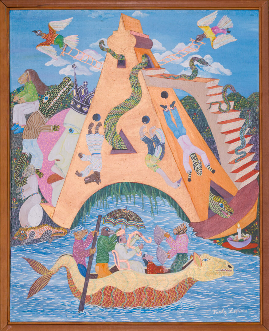 Zéphirin Frantz - Tower of Babel, framed acrylic on board masterpiece by Haitian visionary artist