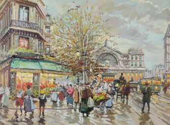 Antoine Blanchard - Paris, Gare de L'est, oil on canvas depicting a bustling Parisian street scene near Gare de l'Est