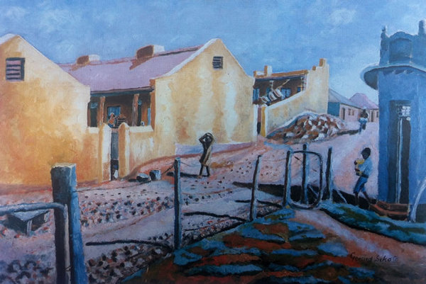 Obra maestra al óleo de Gerard Sekoto, Casas amarillas, una calle en Sophiatown. | Aurora & Athena Gerard Sekoto landmark oil painting Yellow Houses A Street in Sophiatown.