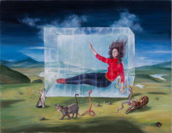 Bridget Tichenor oil on Masonite, woman floating in a crystal cube with cats and serpents
