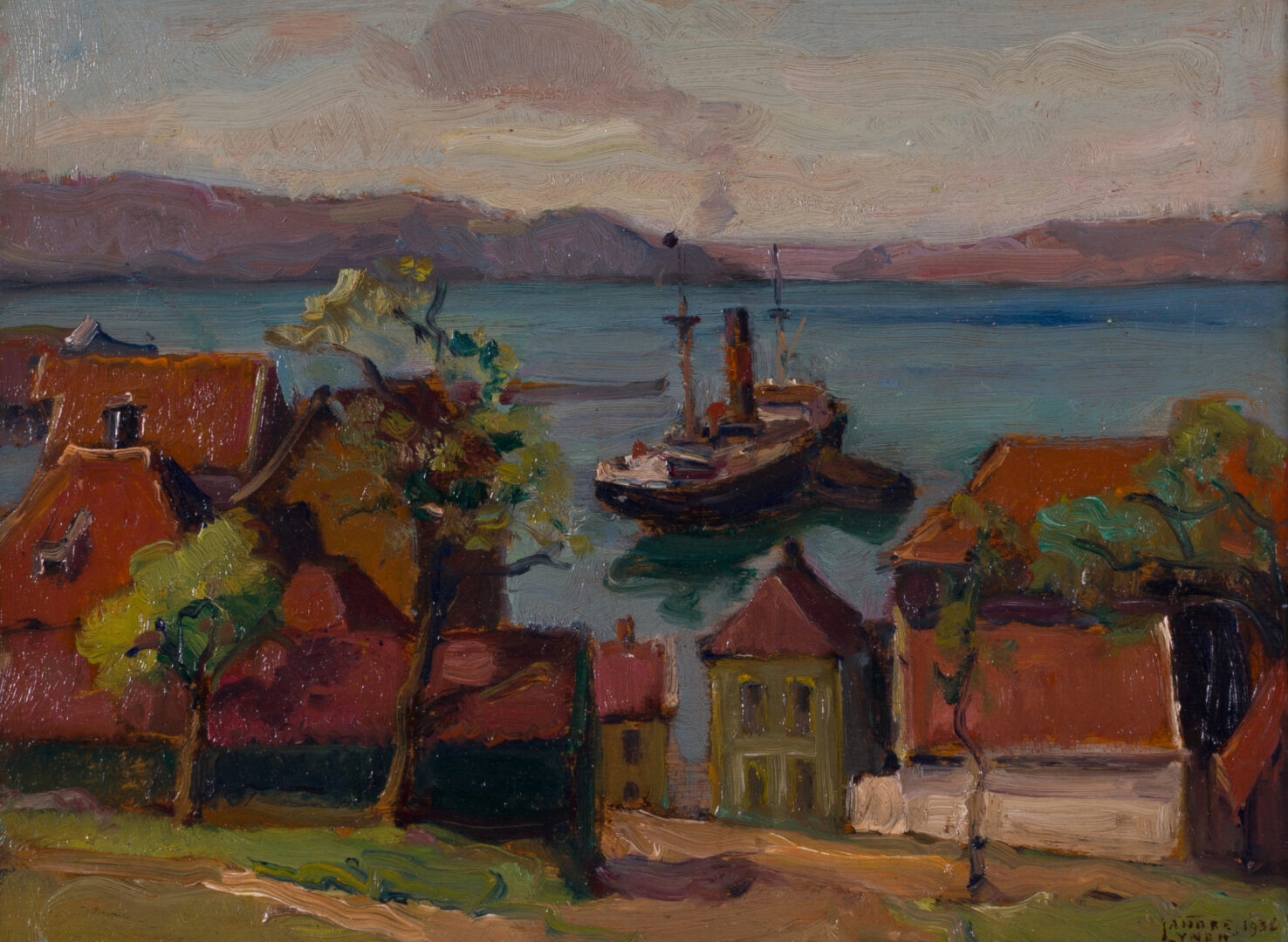 André Lynen — Steamer in the Harbour with Red-Roofed Houses, 1936