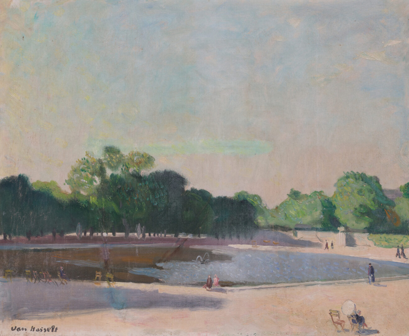 Willem Van Hasselt oil on canvas: the pond in the Luxembourg Gardens, Paris