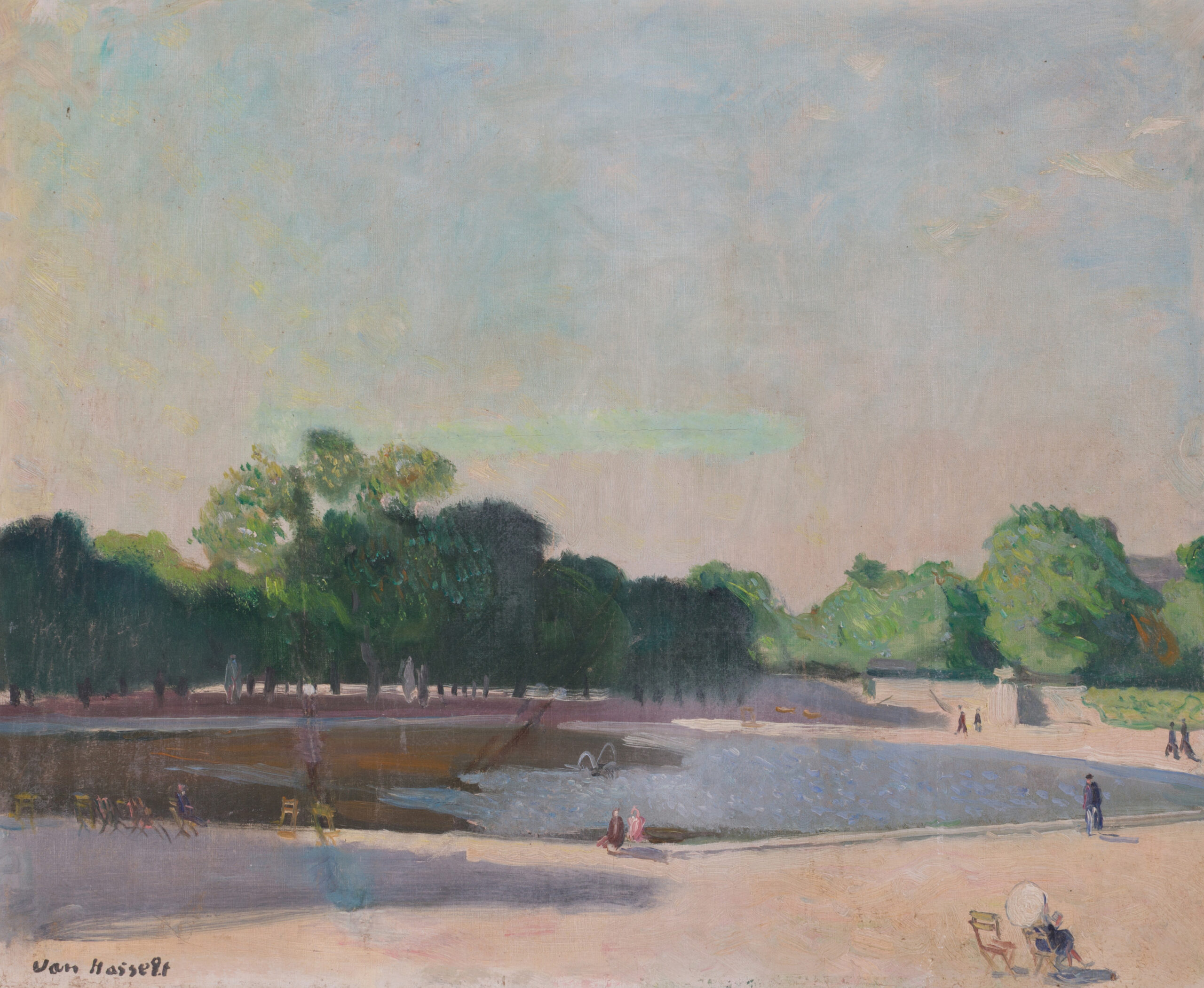 Willem Van Hasselt oil on canvas: the pond in the Luxembourg Gardens, Paris