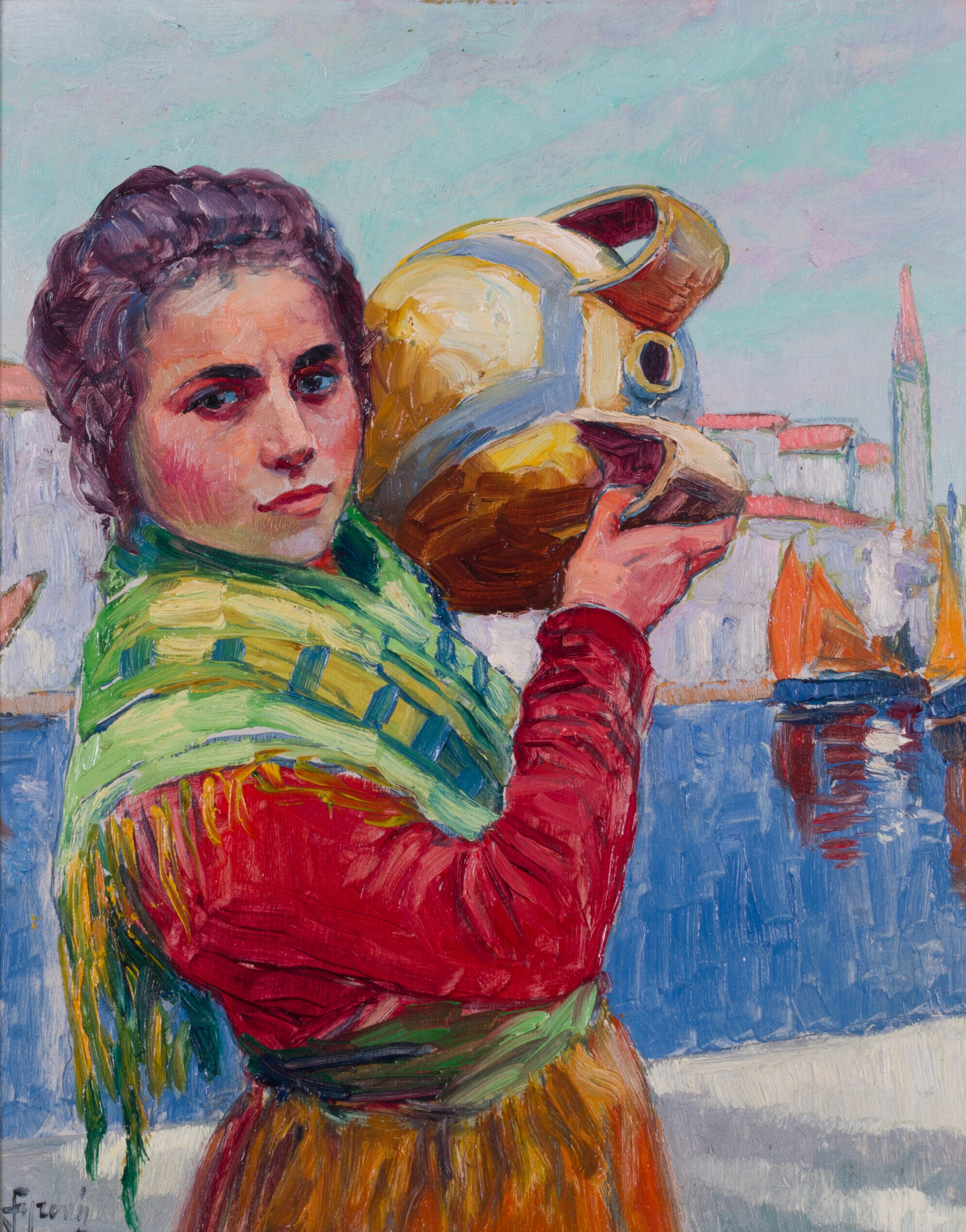 Josef Syrový oil on cardboard: Venetian girl with a water jug