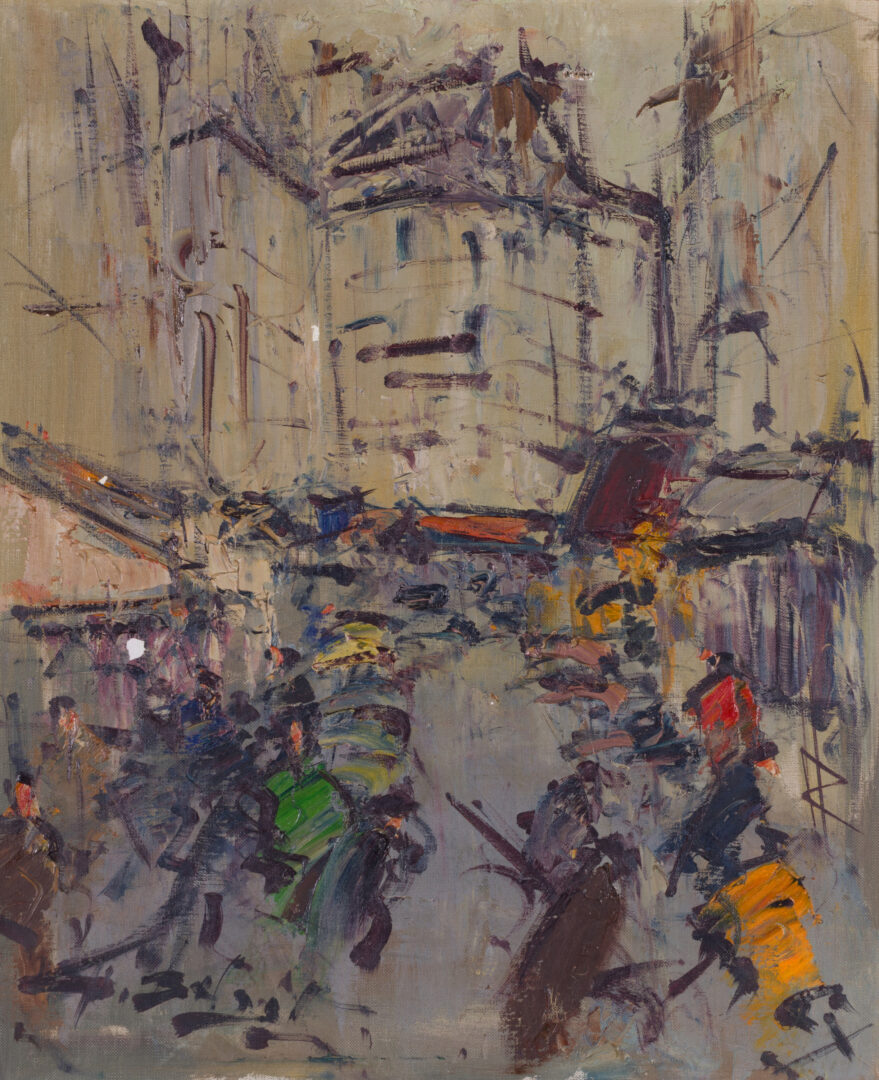 Georges Berger oil on canvas: street market in Montmartre | Aurora & Athena Georges Berger oil on canvas: street market in Montmartre