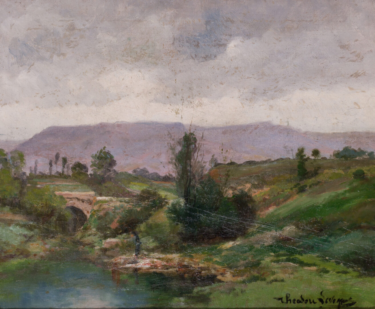 Théodore Lévigne — River Landscape with a Stone Bridge and Mountains, c. 1890's