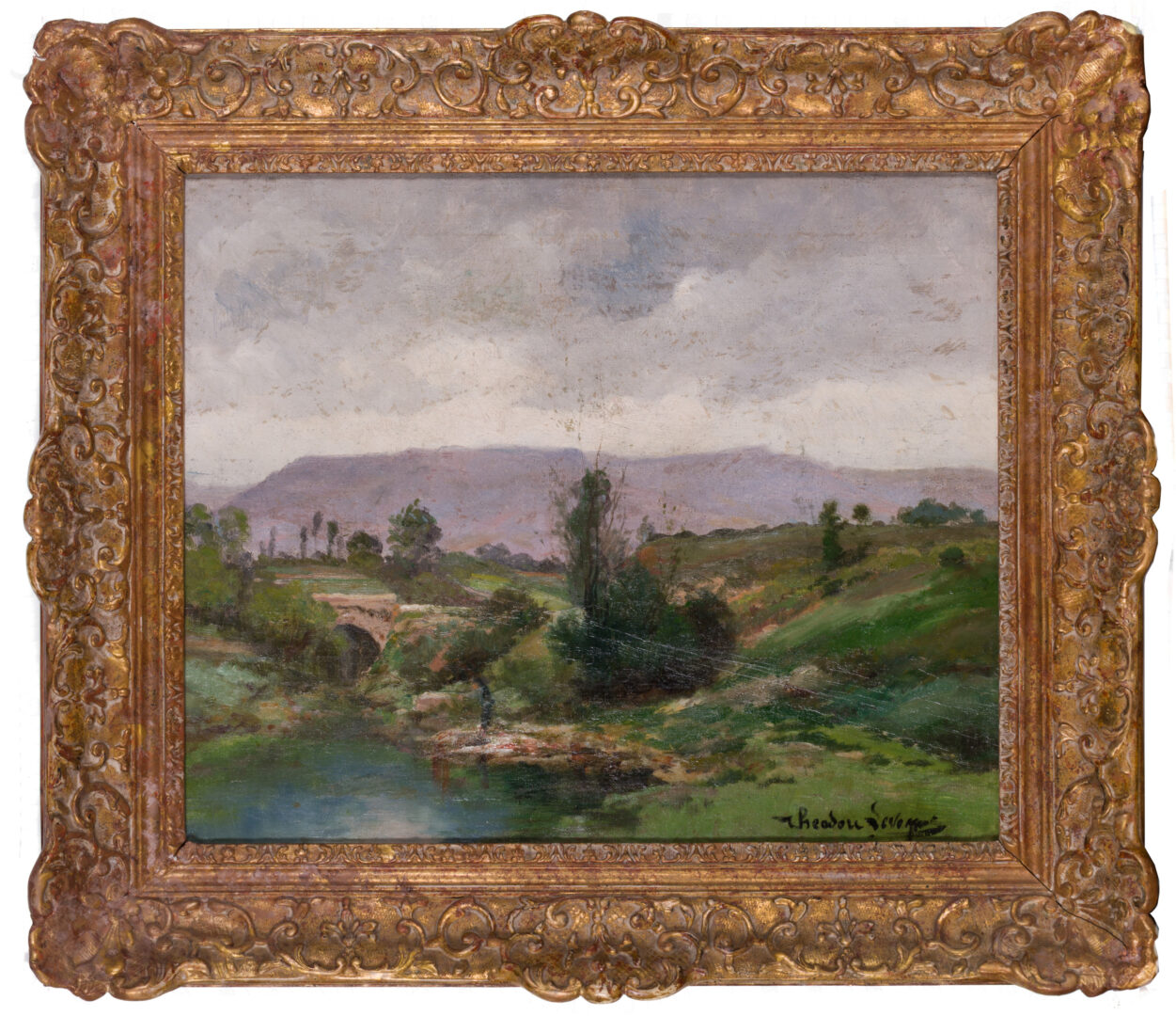 Théodore Lévigne — River Landscape with a Stone Bridge and Mountains, c. 1890's — view 2