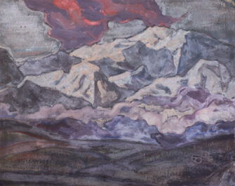 Nicholas Roerich tempera on cardboard: Himalayan snow peaks with crimson clouds