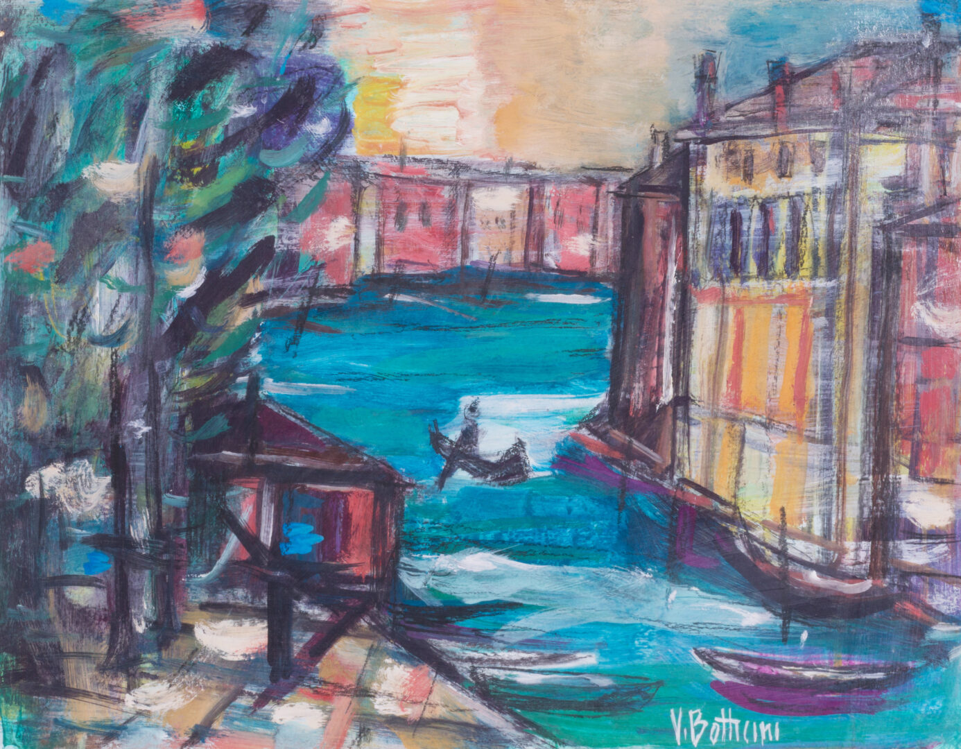 Vittorio Botticini — Venice, Canal with a Gondola at Sunset, c. 1960's