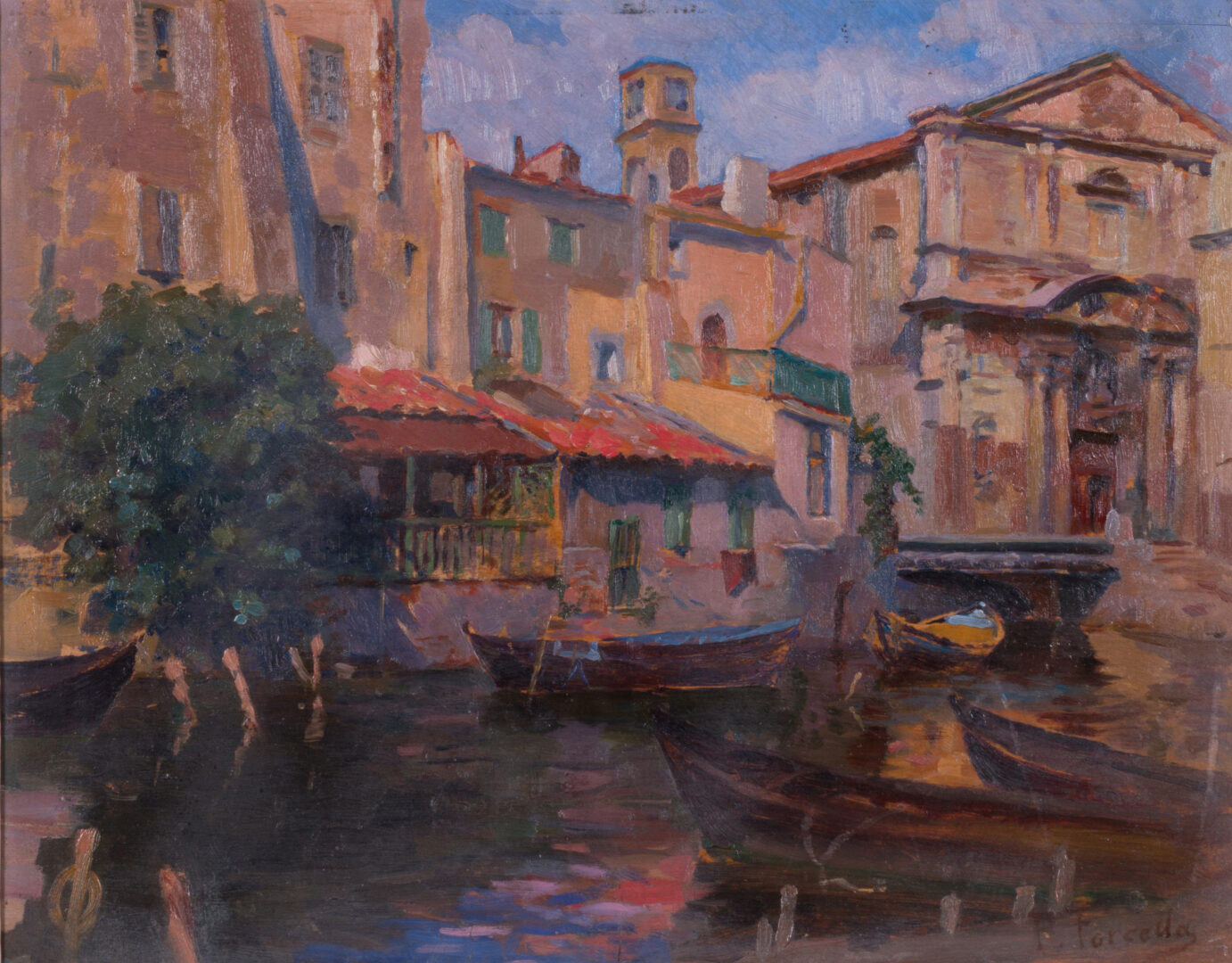 Paolo Forcella — Venetian Canal with Boats and a Church Façade, c. 1920's