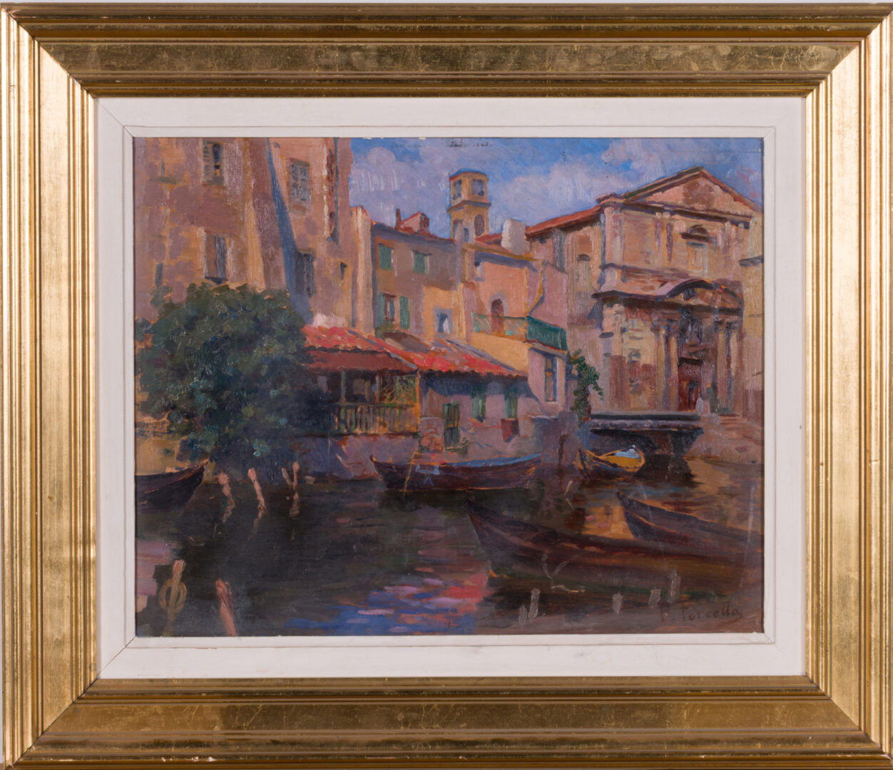 Paolo Forcella — Venetian Canal with Boats and a Church Façade, c. 1920's — view 2