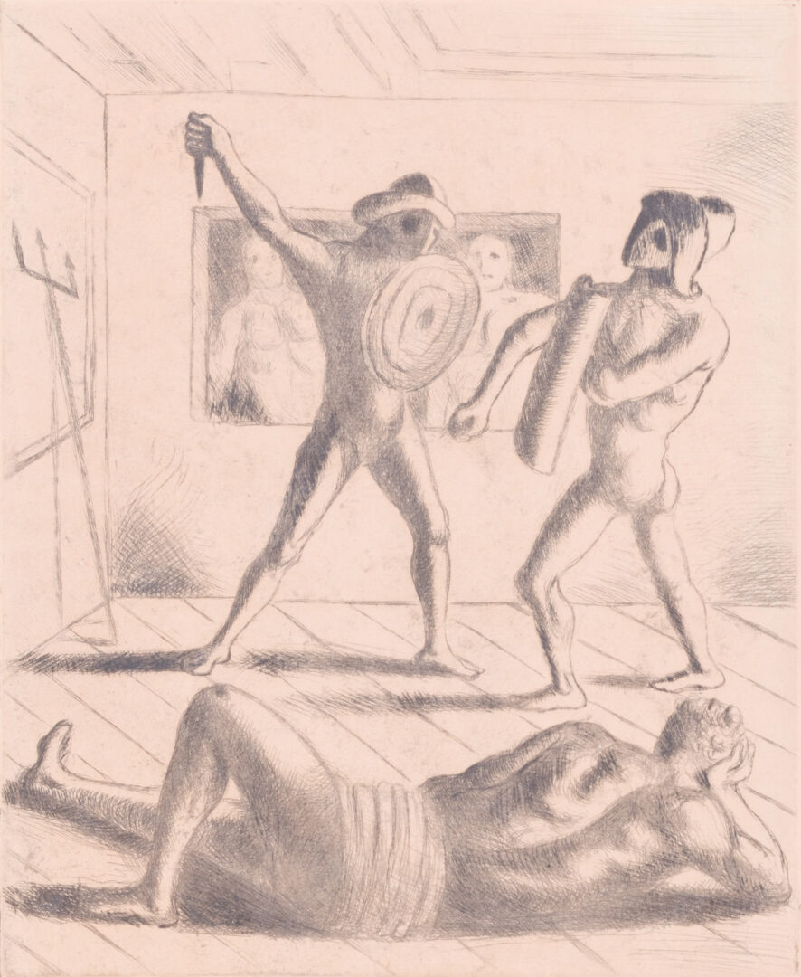 Engraving attributed to Giorgio de Chirico: gladiators fighting in a bare room | Aurora & Athena Engraving attributed to Giorgio de Chirico: gladiators fighting in a bare room