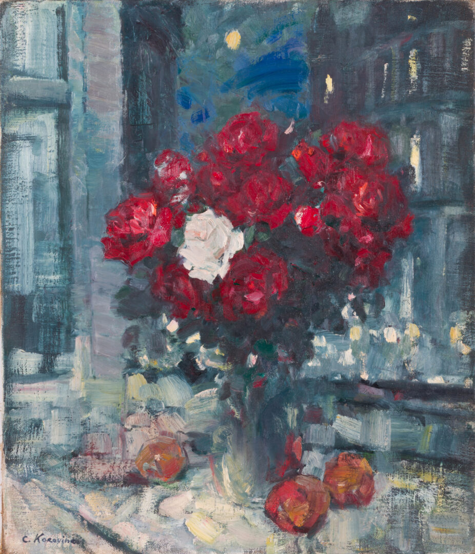 Konstantin Korovin oil on canvas: roses and fruit by the window at night | Aurora & Athena Konstantin Korovin oil on canvas: roses and fruit by the window at night