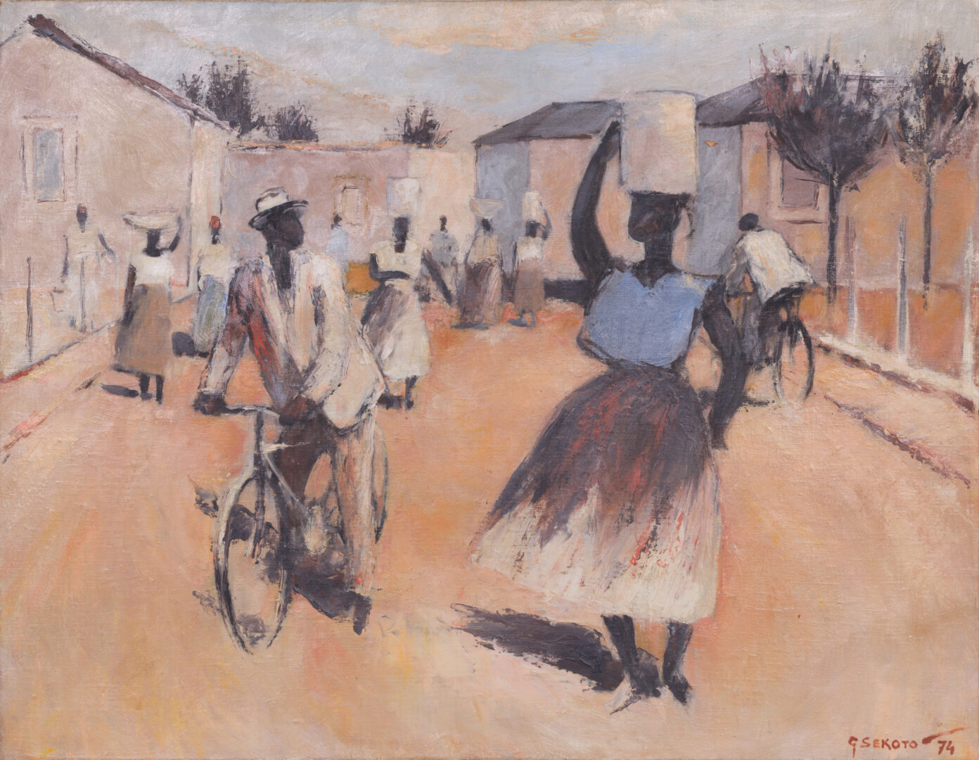 Gerard Sekoto 1974 oil on canvas: township street with cyclist and woman carrying a basket | Aurora & Athena Gerard Sekoto 1974 oil on canvas: township street with cyclist and woman carrying a basket