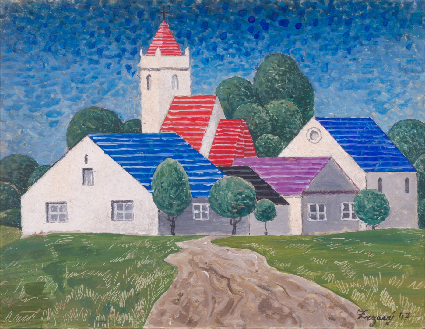 Jan Zrzavý 1947 tempera 'Městečko': little town with a red church spire and coloured roofs, unframed view | Aurora & Athena Jan Zrzavý 1947 tempera 'Městečko': little town with a red church spire and coloured roofs, unframed view
