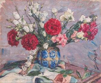 #18 Attr. to Pan Yuliang - Carnations and Roses in a Blue-and-White Vase, 1944