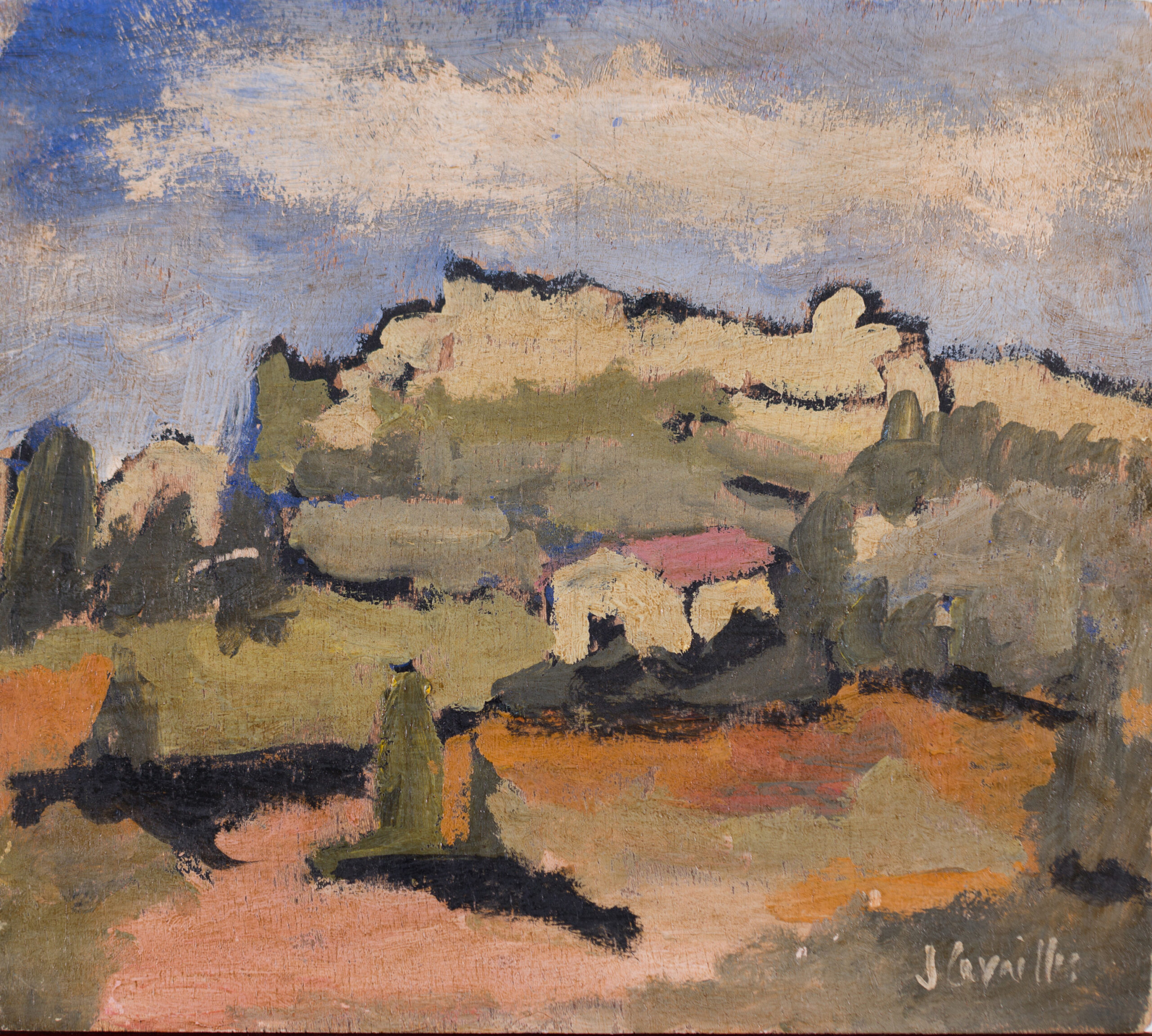 Jules Cavaillès oil on board: the hill town of Cordes-sur-Ciel
